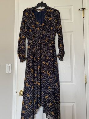 THML Navy Floral Long Sleeve Maxi Dress with Mustard Accents